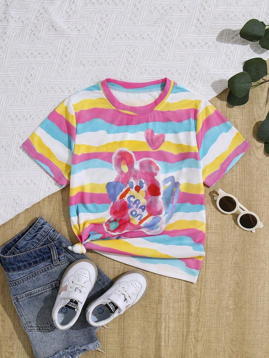 Tween Girl Summer Rainbow Striped Top For Casual Vacation, Stylish, Cute, Comfortable And Breathable - Multicolor - View 1
