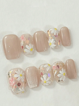 10 sztuk krótkich kwadratowych zdobień do paznokci, kolorowych, wiosennych, ogrodowych, białych, małych, kwiatowych, letnich paznokci, nakładanych na paznokcie, niezbędnych na plaży, pięknych sztucznych paznokci, akcesoriów do paznokci na Halloween, odpowiednich dla kobiet do użytku na weselach, przyjęciach, świętach, jako prezent na paznokcie.