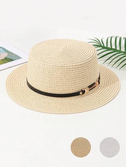 حزام سلسلة نسائي مزدوج الحلية + قبعة قش بمقدمة مسطحة أنيقة مناسبة للإرتداء اليومي وعند الذهاب إلى الشاطئ، قطعة واحدة
