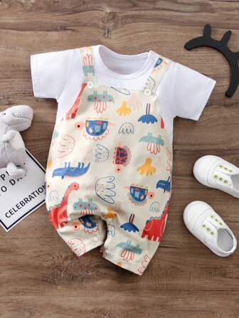 Infant Summer Short Sleeve Cute Dinosaur Pattern Romper, Comfortable Fabric Easy Care Indoor & Outdoor Casual Wear