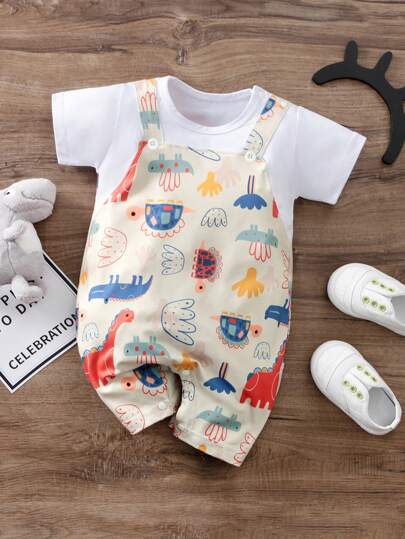 Infant Summer Short Sleeve Cute Dinosaur Pattern Romper, Comfortable Fabric Easy Care Indoor & Outdoor Casual Wear