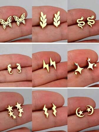 Vintage Exquisite Stainless Steel Leaf Butterfly Stud Earrings Women Multiple Mini Star Moon Lightning Earrings Piercing Jewelry