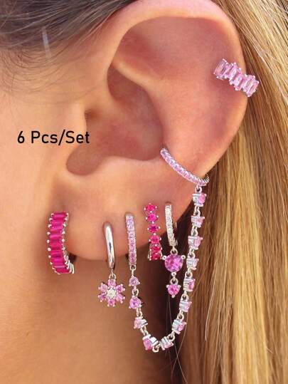 6 piezas Hermosos pendientes colgantes con cristales cúbicos de zirconia chapados en oro para mujeres, conjunto de pendientes aro con flor de zirconia rosa, joyería de moda