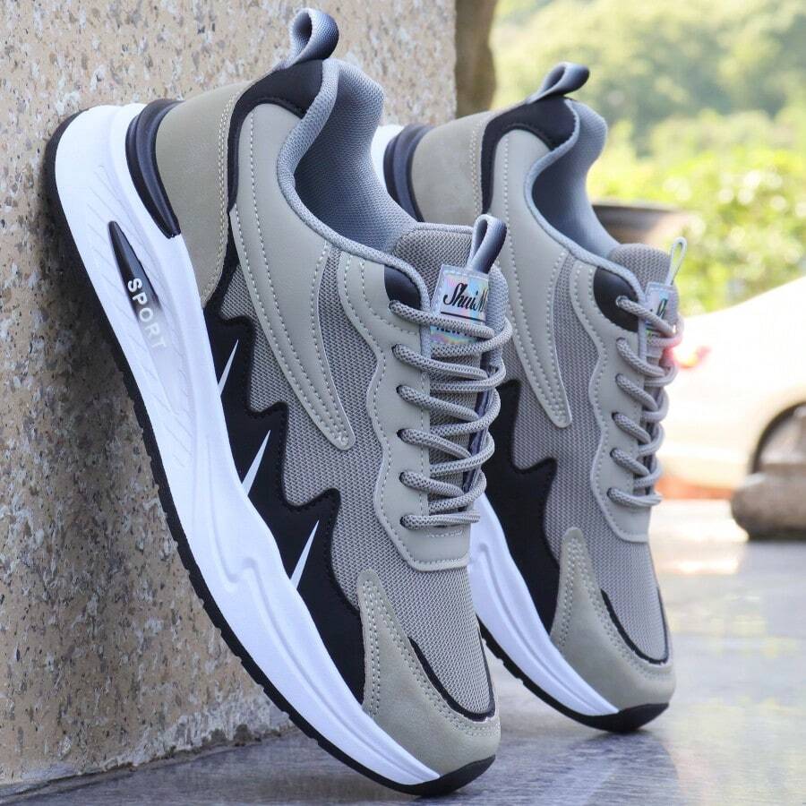 Men's Chunky Sneakers, Casual Sports Sneakers With Round Toe For Daily Wear - Khaki - View 1
