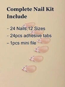 Bộ 24 miếng dũa móng tay hình quả hạnh nhân có viền ren và hoa nhỏ xinh xắn, hoàn hảo để đeo hàng ngày và nâng tầm phong cách của bạn, bao gồm 1 dũa móng tay và 1 keo dán móng - Nhiều màu - Xem 4