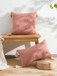 1pc/2pcs Woven Plaid Throw Pillow Covers, Bohemian Thickened Handmade Tasseled Decorative Pillowcases For Bedroom, Living Room, Office, Outdoor Patio, Wedding And Party Decor, 12"X20" 18"X18" - Pink - View 2