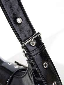 Bolso de estilo juvenil Y2K de chica caliente de unicolor y con remaches, versátil bolsa de mensajero, bolso de mano, bolso de hombro y bolso cruzado para mujeres - Negro - Ver 6