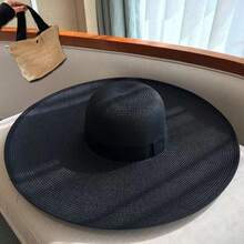 2入組時尚復古法式寬沿草帽，黑色緞帶點綴，配有優雅手提包，綁帶飾物，可摺疊，透氣，防紫外線，適合時尚女士，完美適用於海灘旅行 - 彩色 - 查看 2