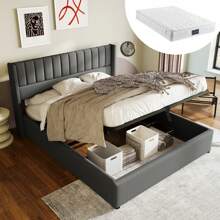 KOMHTOM KOMHTOM Upholstered Bed, Hydraulic Double Bed, Storage Bed With Headboard And Slatted Frame, Bed Linen, 160x200 Cm, With Mattress, Storage Bed, Upholstered Bed, Hydraulic Double Bed 160x200cm, Wooden Slatted Frame, Bed With Slatted Frame Made Of Metal Frame, Linen, Grey (With Mattress)