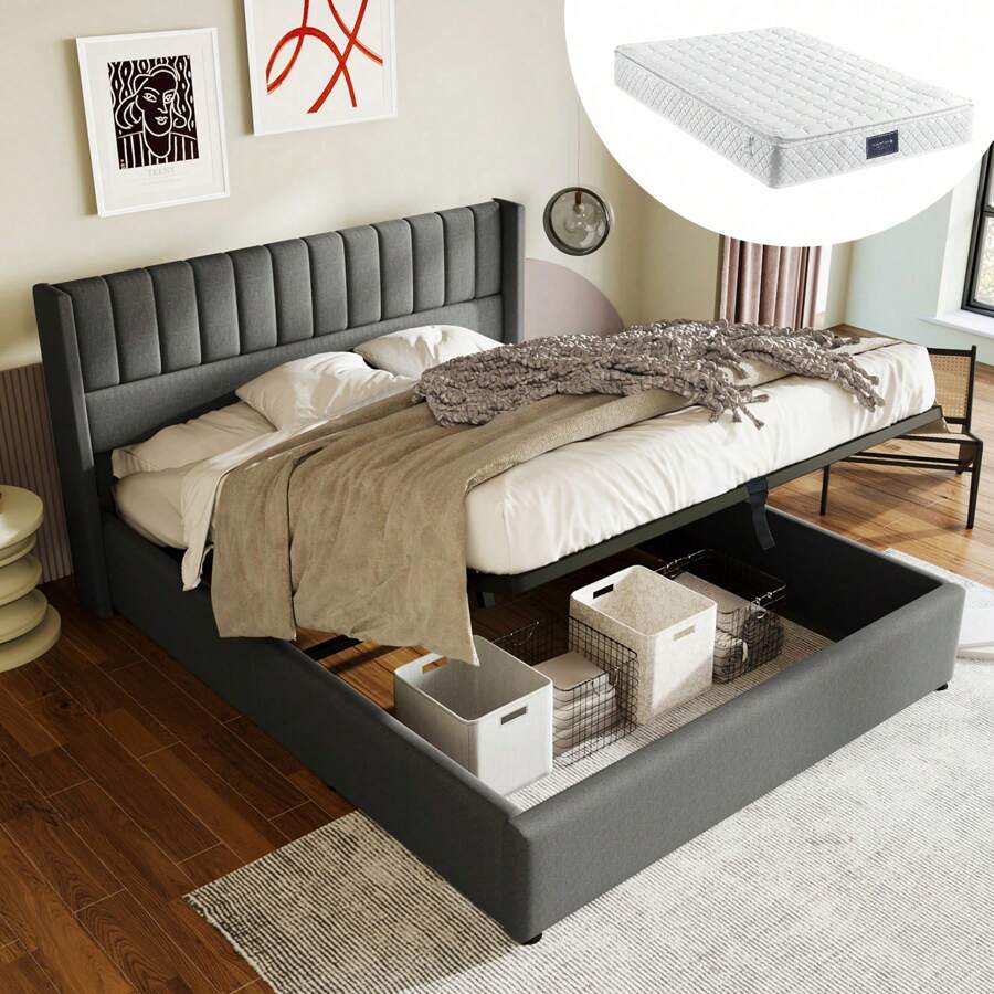 KOMHTOM KOMHTOM Upholstered Bed, Hydraulic Double Bed, Storage Bed With Headboard And Slatted Frame, Bed Linen, 160x200 Cm, With Mattress, Storage Bed, Upholstered Bed, Hydraulic Double Bed 160x200cm, Wooden Slatted Frame, Bed With Slatted Frame Made Of Metal Frame, Linen, Grey (With Mattress)