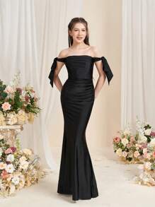 Teen Girls' Mermaid Evening Dress With Off-Shoulder Strap - Black - View 2