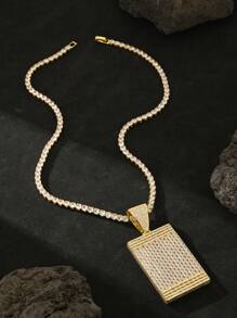 1pc Hip Hop Iced Out Men's Gift Accessories Punk Style Plating Platinum Plating Cuboid Simple Tag Rhinestone Pendant Necklace High Quality Luxury Gorgeous Zirconia Oxide 4mm 20 Inch Tennis Necklace Rock Style Couple Jewelry