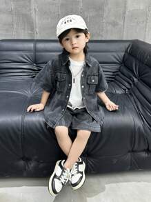 Young Boy Denim Short Sleeve Shirt And Shorts Set, Summer, For Children - Grey - View 1