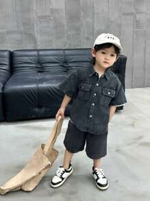 Young Boy Denim Short Sleeve Shirt And Shorts Set, Summer, For Children - Grey - View 8