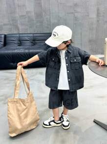 Young Boy Denim Short Sleeve Shirt And Shorts Set, Summer, For Children - Grey - View 5