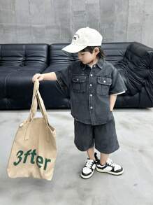 Young Boy Denim Short Sleeve Shirt And Shorts Set, Summer, For Children - Grey - View 7