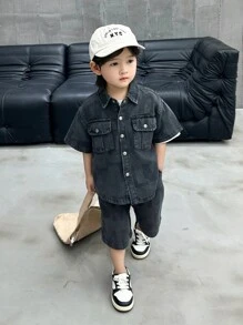 Young Boy Denim Short Sleeve Shirt And Shorts Set, Summer, For Children - Grey - View 3