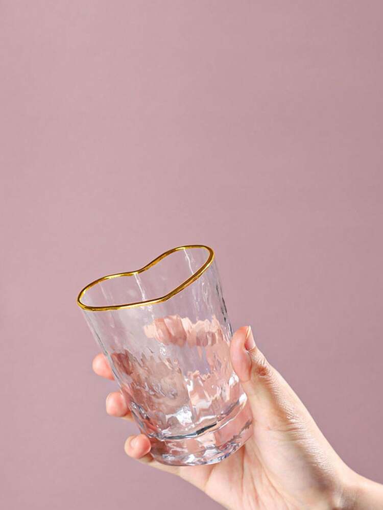 1pc Girly Heart-Shaped Glass Cups, Gilding Heart Water Cup, High-Quality Breakfast Cup, Couple Cups, Hammered Heart Wine Glasses - Clear - View 6