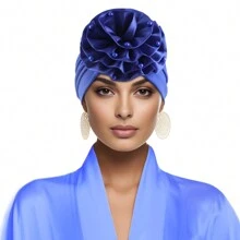 Fashion Big Flower Bead Turban Cap Solid Color Pleated Head Wrap For Women Girl Bonnet Hair Bonnet Turban