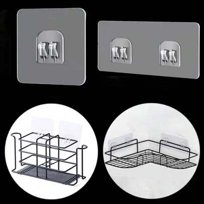 1/2/4/8/16 件透明悬挂式货架挂钩，墙壁储物架固定贴片，用于固定储物篮的自粘式弹簧钩，卧室浴室厨房客厅实用贴纸配件