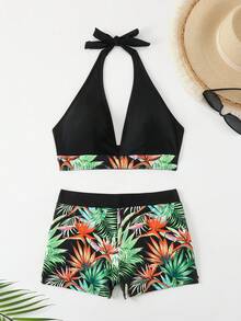 Summer New Fashion Bikini Swimwear For Women, Push Up Bathing Suit, Tummy Control Swimwear, High Waisted Tropical Print Separate Halter Bikini Set