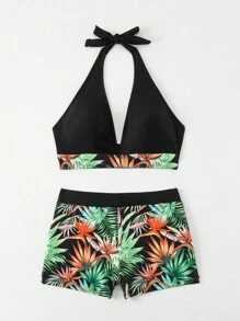 Summer New Fashion Bikini Swimwear For Women, Push Up Bathing Suit, Tummy Control Swimwear, High Waisted Tropical Print Separate Halter Bikini Set