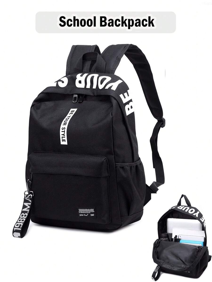 Stylish Schoolbag For Junior High School Students, School Backpack For Teen Girls Boys Bookbags Elementary High School Floral Laptop Bags Travel Daypack - Perfect For Outdoor Travel & Back To School, Backpack For School Kids Bookbags Student Black Backpacks For Teen Girls Preppy Casual Middle School Bag, Black. - Black - View 1