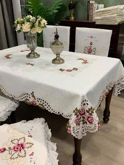 1pc Floral Pattern Tablecloth, Countryside Style Polyester Square Embroidered Hollow Out Dust Cover For Coffee Table, Dining Table, Bedside Cabinet, Suitable For Daily Use And Wedding Party
