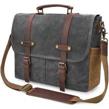 Mens Messenger Bag 15.6 Inch Waterproof Vintage Genuine Leather Waxed Canvas Briefcase Large Leather Computer Laptop Bag Rugged Satchel Shoulder Bag - Xám - Xem 1