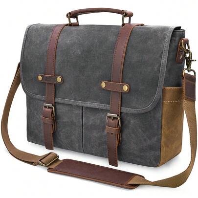 Mens Messenger Bag 15.6 Inch Waterproof Vintage Genuine Leather Waxed Canvas Briefcase Large Leather Computer Laptop Bag Rugged Satchel Shoulder Bag