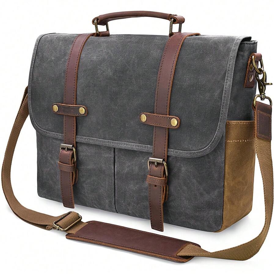 Mens Messenger Bag 15.6 Inch Waterproof Vintage Genuine Leather Waxed Canvas Briefcase Large Leather Computer Laptop Bag Rugged Satchel Shoulder Bag - Xám - Xem 1