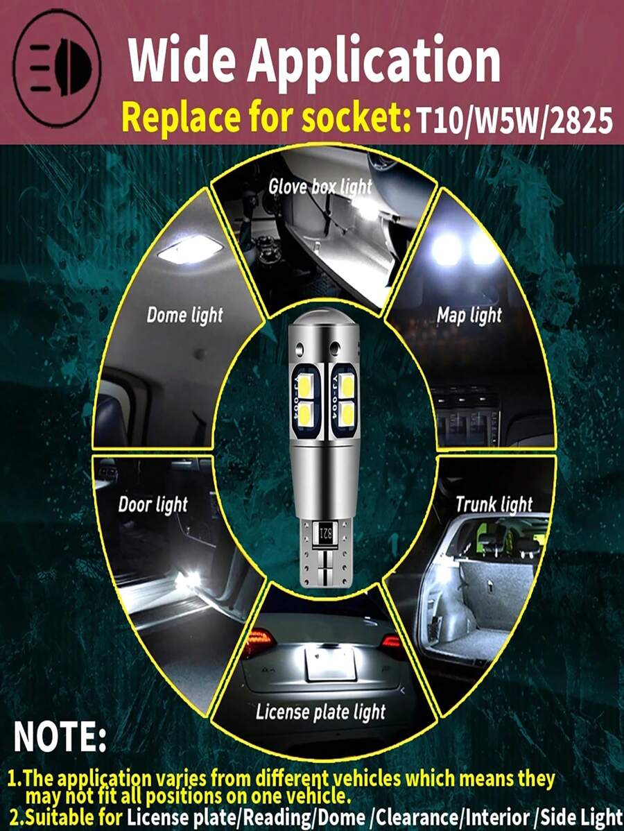 2pcs W5W T10 LED Canbus No Error 12V 6000K 3030 10 SMD Car 5W5 LED Bulb ...
