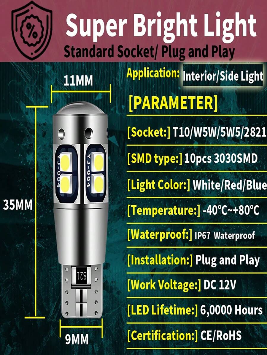 2pcs W5W T10 LED Canbus No Error 12V 6000K 3030 10 SMD Car 5W5 LED Bulb ...