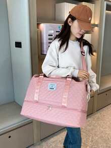 時尚旅行包套裝，休閒簡約輕量大容量運動健身袋適用於瑜伽、孕婦、男女，實心顏色菱形刺繡線條設計，包括小型單肩包，防水耐磨，乾、濕分離，鞋格，可固定於行李，適用於通勤、旅遊、商務旅行和多功能行李袋 - 淺粉色 - 查看 5