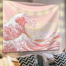 1pc Polyester Fabric Wave Printed Tapestry, Suitable For Living Room, Bedroom, Office Wall Decoration, Home Party Decoration, Rectangular Decoration Cloth With Hanging Feeling For Kitchen Wall, Comes With 3 Wall Nails And 2 Clips As Gifts, Flag For Room, Room Decor, Tapestry, Wall Art ,Room Stuffs, Flags For Room, Home Decor, Tapestri, Wall Tapestry, Pink Tapestry