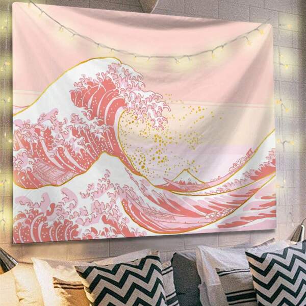 1pc Polyester Fabric Wave Printed Tapestry, Suitable For Living Room, Bedroom, Office Wall Decoration, Home Party Decoration, Rectangular Decoration Cloth With Hanging Feeling For Kitchen Wall, Comes With 3 Wall Nails And 2 Clips As Gifts, Flag For Room, Room Decor, Tapestry, Wall Art ,Room Stuffs, Flags For Room, Home Decor, Tapestries, Wall Tapestry, Pink Tapestry