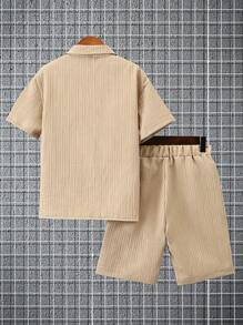 Boys' Casual Lightweight Breathable Solid Color Wavy Texture Shirt Collar Short Sleeve Shirt & Shorts Set, Spring/Summer - Beige - View 2