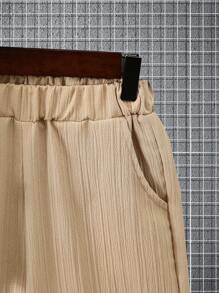 Boys' Casual Lightweight Breathable Solid Color Wavy Texture Shirt Collar Short Sleeve Shirt & Shorts Set, Spring/Summer - Beige - View 7