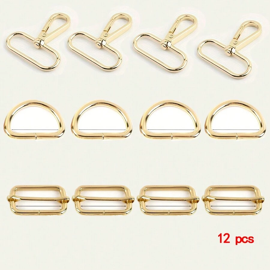 12pcs 3.8cm Inner Diameter Metal Keychain Bulk Rotating Snap Hook D-Ring And Slider Buckle Triangle Buckle For Handbag Backpack DIY Craft Accessories Carabiner Clip - Gold - View 1