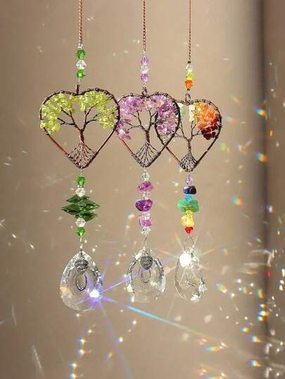 1PC Rainbow Sun Catcher, Tree Of Life Sun Catcher Heart Shaped Ornament Chakra Wheel Stone Window Ball Prism Hanging Garden Home Car Decoration,Home Decor ,Room Decor,Wall Decor