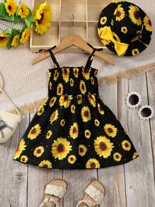 2pcs New Summer Baby Girls' Bowknot Tie Daisy Printed Strap Dress And Hat Set - Black - View 2