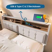 KOMHTOM Polsterbett, Doppelbett mit 4 Schubladen & USB/Typ C Steckdose, 160*200cm,Doppelbett mit 4 Schubladen& USB C Steckdose, Polsterbett 160x200cm, Höhenverstellbarem Kopfteil, Lattenrost aus Holz(Ohne Matratze)
