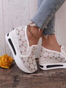 Damskie, koronkowe, oddychające buty na co dzień, seksowne, grube platformy, podnoszące buty do biegania na cały mecz - Biały - Zobacz 3
