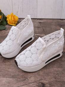 Damskie, koronkowe, oddychające buty na co dzień, seksowne, grube platformy, podnoszące buty do biegania na cały mecz - Biały - Zobacz 2