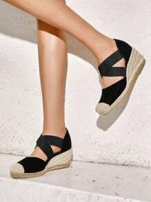 Womens's Wedges Sandals Close Toe Espadrilles Platform Slip On Elastic  Cross Straps Dressy  Black Sandals Matching Dress - 黑色 - 查看 7