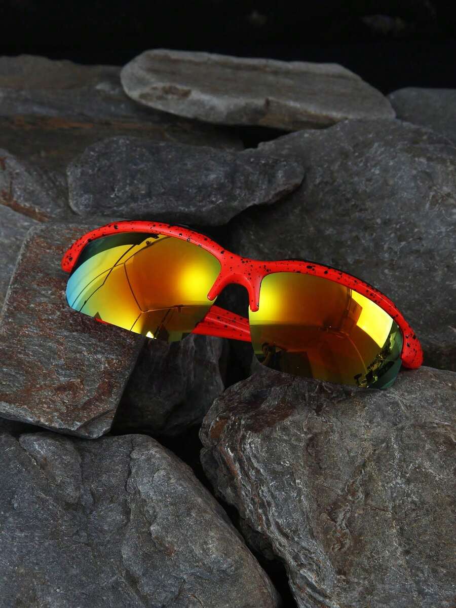 1 Pair Unisex Semi-Frame One-Piece Colorful Lens Goggles, Perfect For Outdoor Sports, Cycling, Mountain Climbing To Prevent Wind And Sand - Red Spots and Red Membrane - View 1