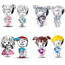 1入組鍍銀銀色卡通可愛男女心形珠寶吊墜，適用於原裝手鍊、項鍊、鑰匙扣、DIY製作珠寶禮物，送給女孩和女性朋友 - 銀色 - 查看 1