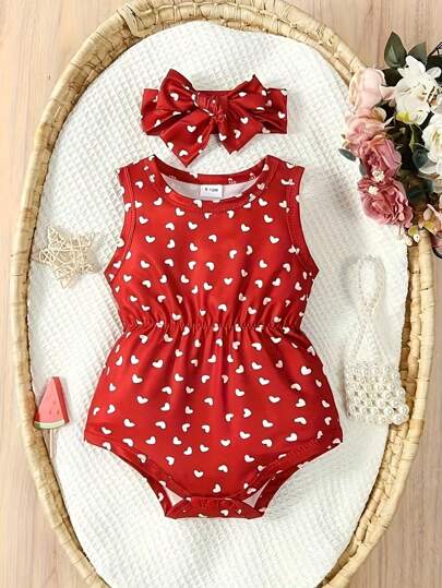 Cute Heart Printed Sleeveless Romper With Cinched Waist For Baby Girls
