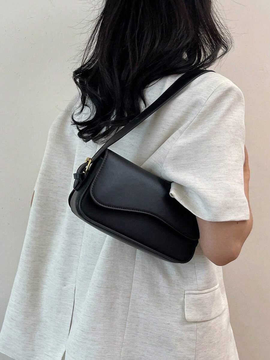 Solid Color PU Fabric Casual Shoulder Bag With Multiple Pockets For Women - Black - View 1