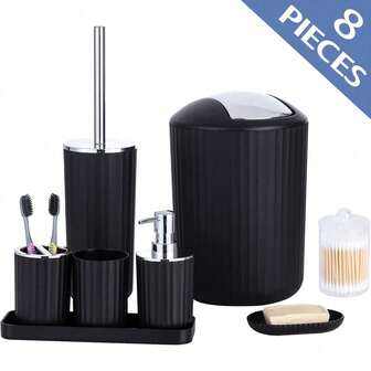 浴室配件套装，8 件塑料礼品套装，带牙刷架、漱口杯、肥皂盒、皂液器、马桶刷、垃圾桶、棉签罐、托盘、生日、节日、乔迁庆宴，（黑色、灰色）